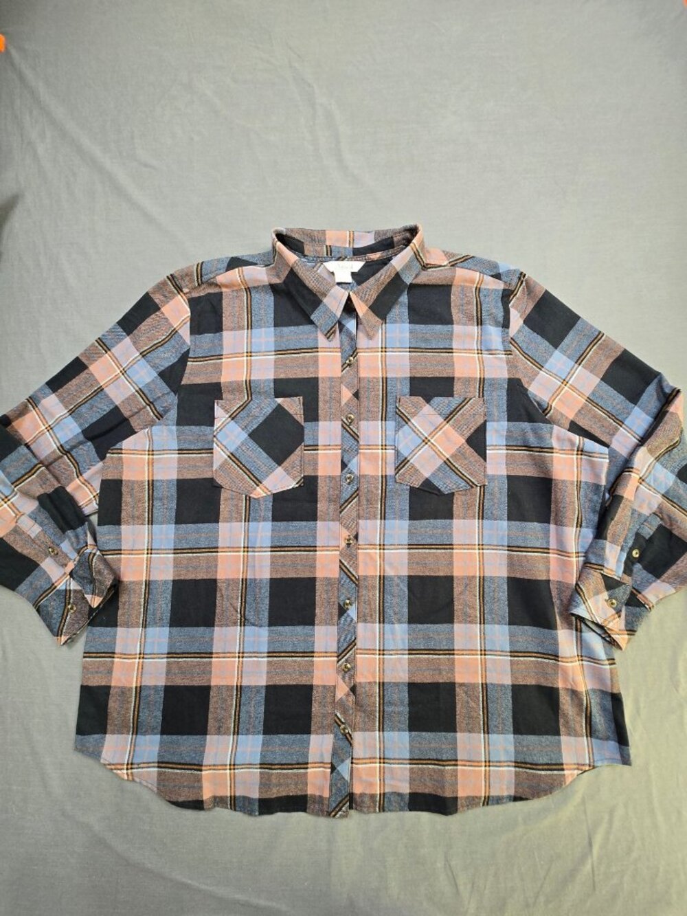 Natural Reflections 2X Plaid Button Up Shirt Black/Brown/Blue Long Sleeve